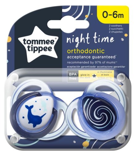 Tommee Tippee Пустышка силиконовая Night Time Narval, 0-6 месяцев, 2 штуки